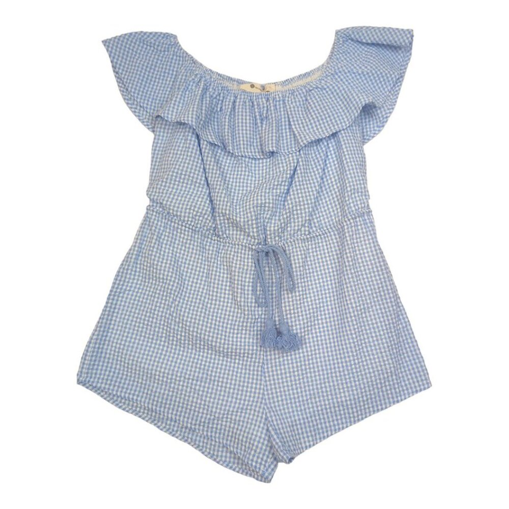 The Impeccable Pig Seersucker Off-the-Shoulder Gingham Romper Size Medium